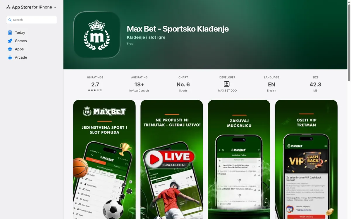 Kartica aplikacije Max Bet – Sportsko Klađenje u App Store-u za Srbiju, sa izdavačem MAX BET DOO