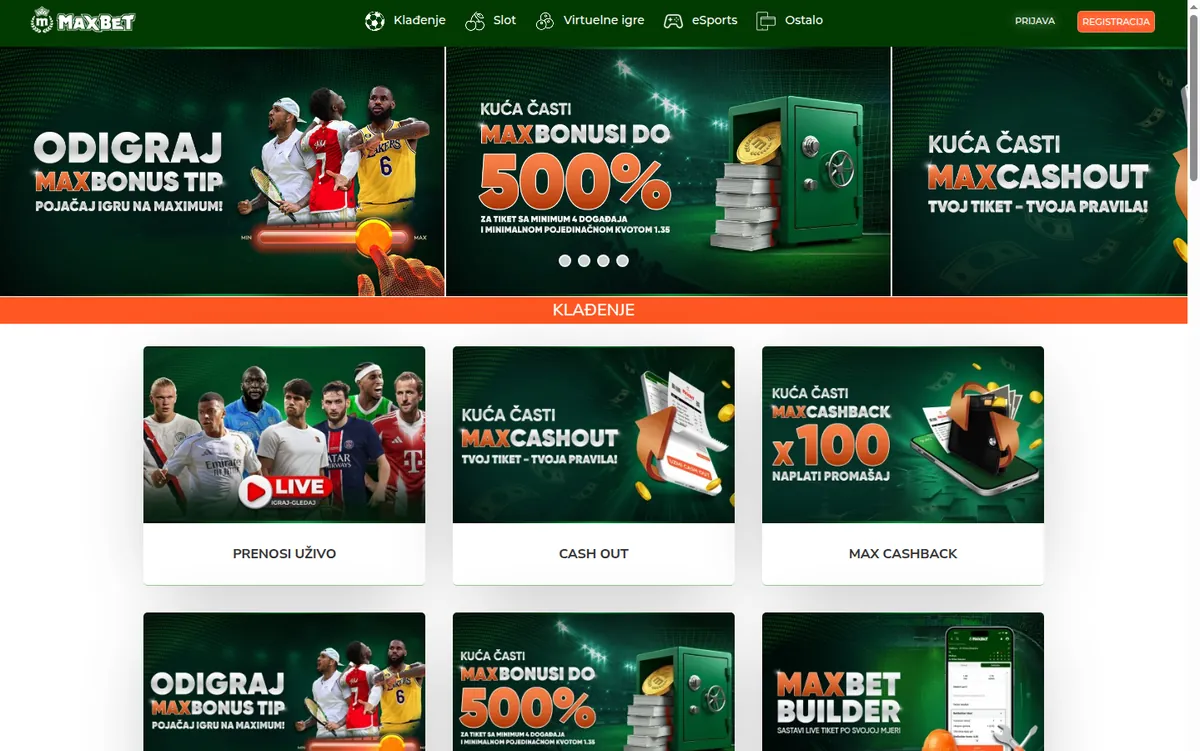 Promotivna stranica maxbet.ba sa imenovanim ponudama i odeljcima