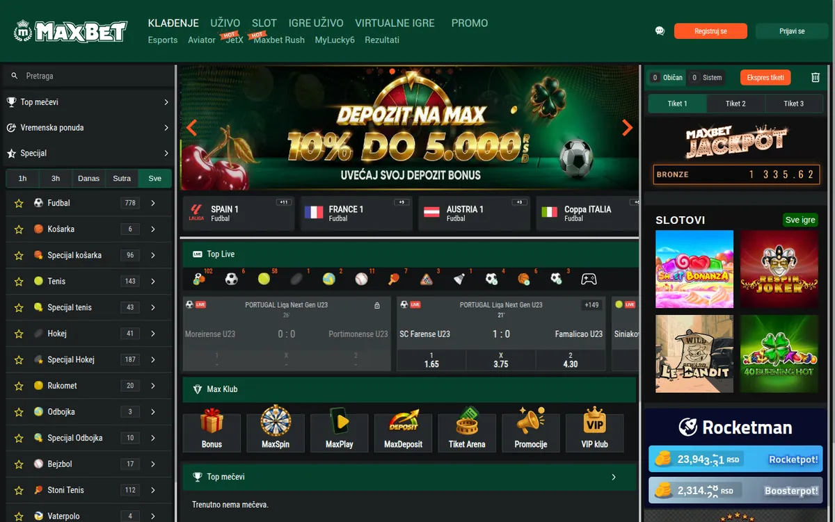 Naslovna strana maxbet.rs sa ponudom klađenja