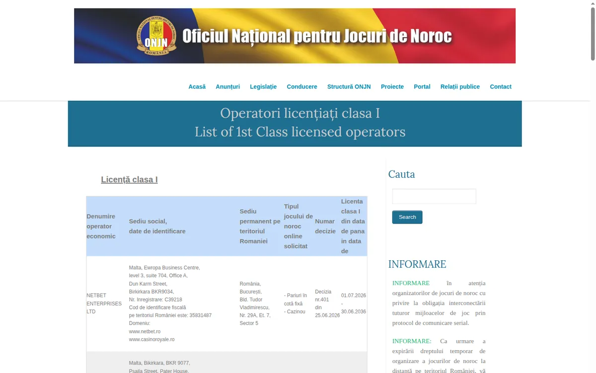 Lista licenciranih operatera klase I na sajtu rumunskog ONJN